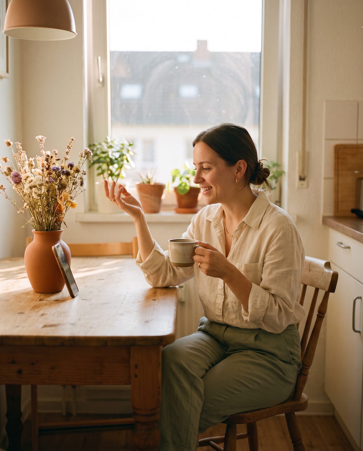 A woman at a sunlit kitchen table, coffee in hand, talking to her phone propped against a vase of dried flowers