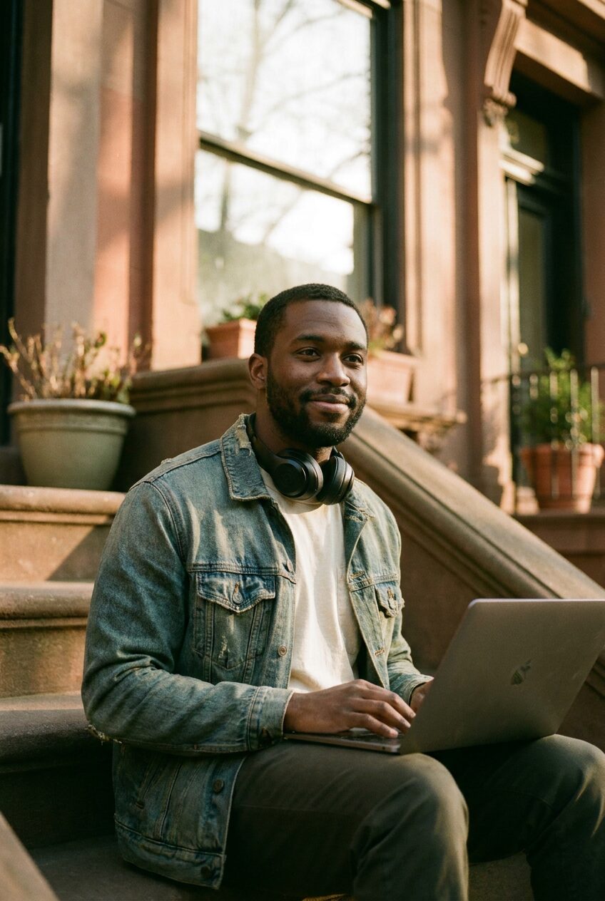 A man with headphones around his neck sitting on brownstone steps with a laptop