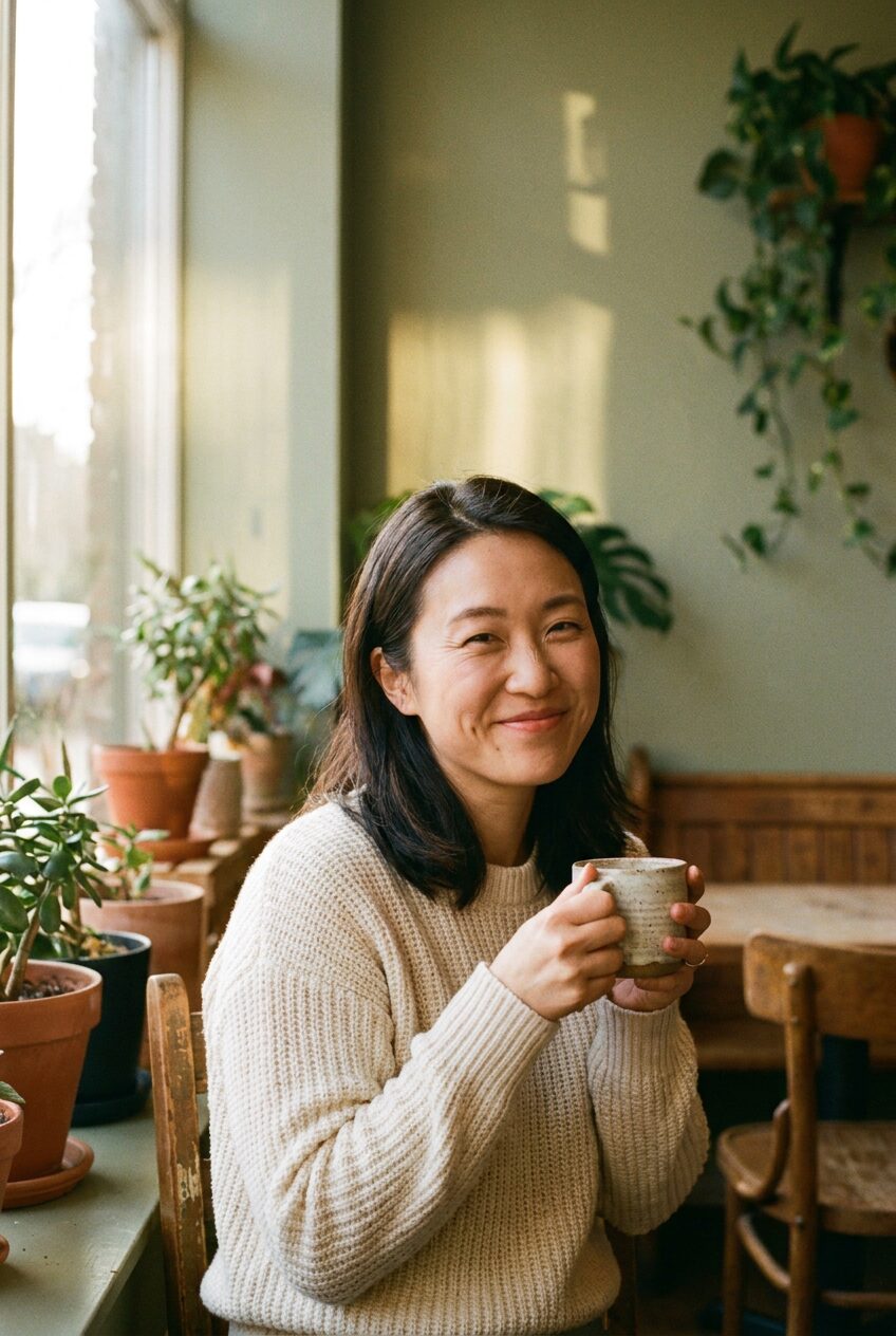 A smiling woman in a cream sweater holding a mug in a plant-filled café