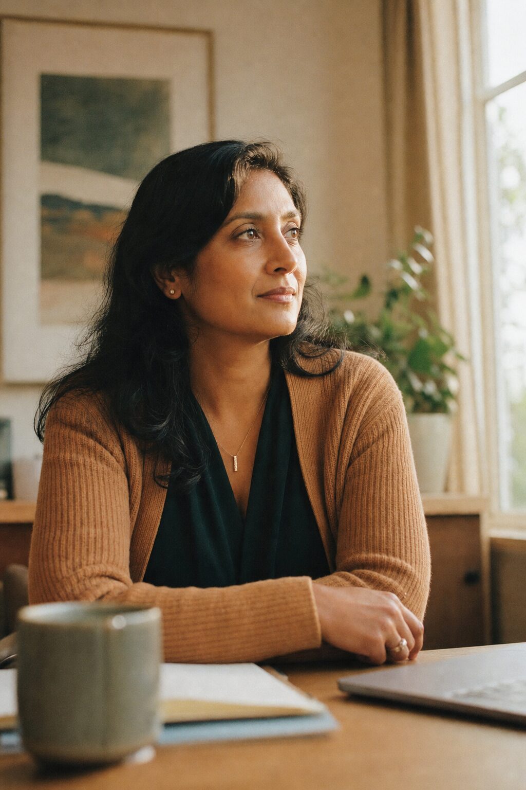 A woman in a tan cardigan looking thoughtfully out of a window