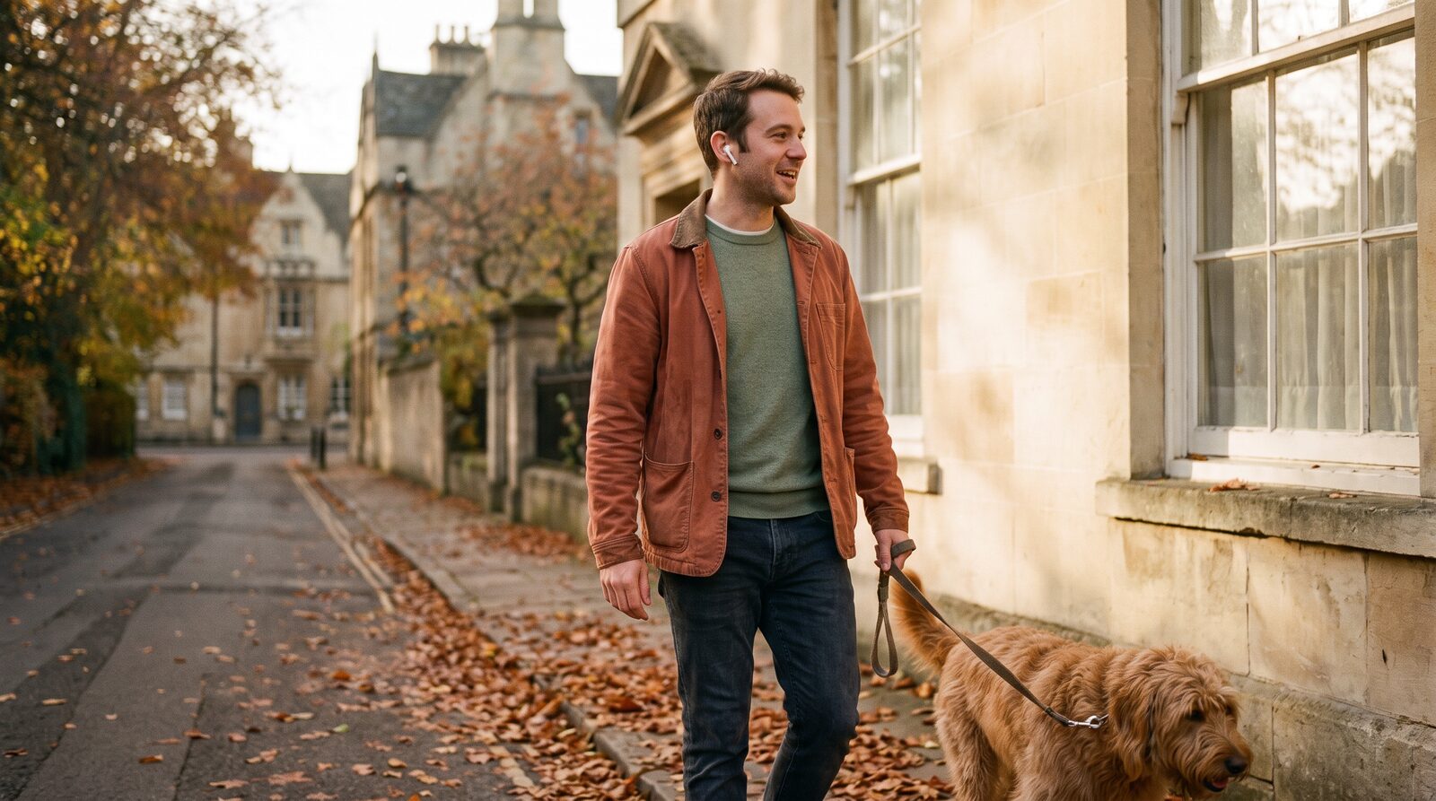 A man in a rust jacket walking his dog down an autumn street, chatting through wireless earbuds